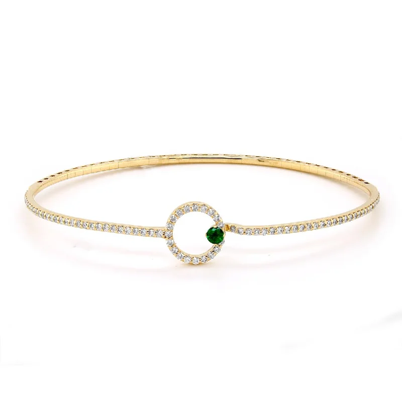 Bangles For Eid Celebrations-DAINTY YELLOW GOLD BANGLE BRACELET WITH EMERALD AND DIAMONDS, .65 CT TW