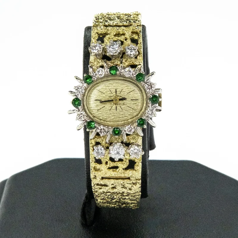 Watches With Feather Details-Paul Peugeot Vintage Diamond & Emerald Ladies Watch in 14K Two Tone Gold