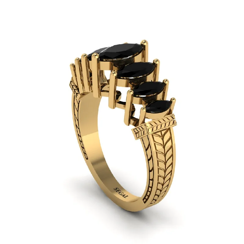 Fashionable Gold Rings For Casual Wear-Marquise-Cut Black Diamond Cascade Engagement Ring - Regina No. 7