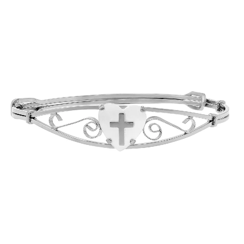 Bangles With Zigzag Patterns-STERLING SILVER CHILDREN'S BANGLE BRACELET WITH HEART AND CROSS