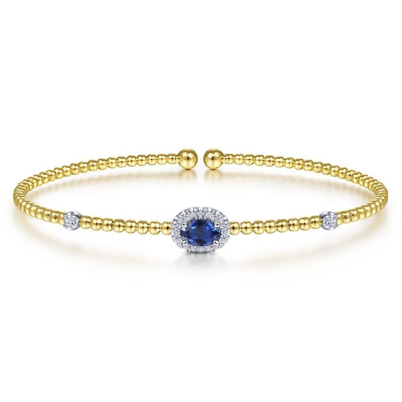 Bracelets For Layering Looks-Gabriel & Co. - BG4435-62M45SA - 14K White-Yellow Gold Bujukan Bead Cuff Bracelet with Sapphire and Diamond Halo Station