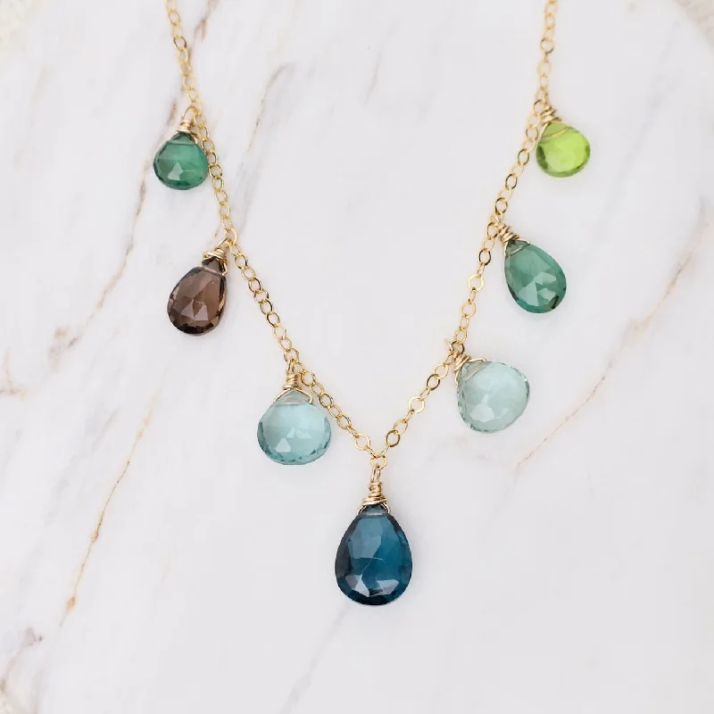 Custom Message Pendant Necklaces For Gifts-Seven Stone Drops Blue-Green Hue Necklace