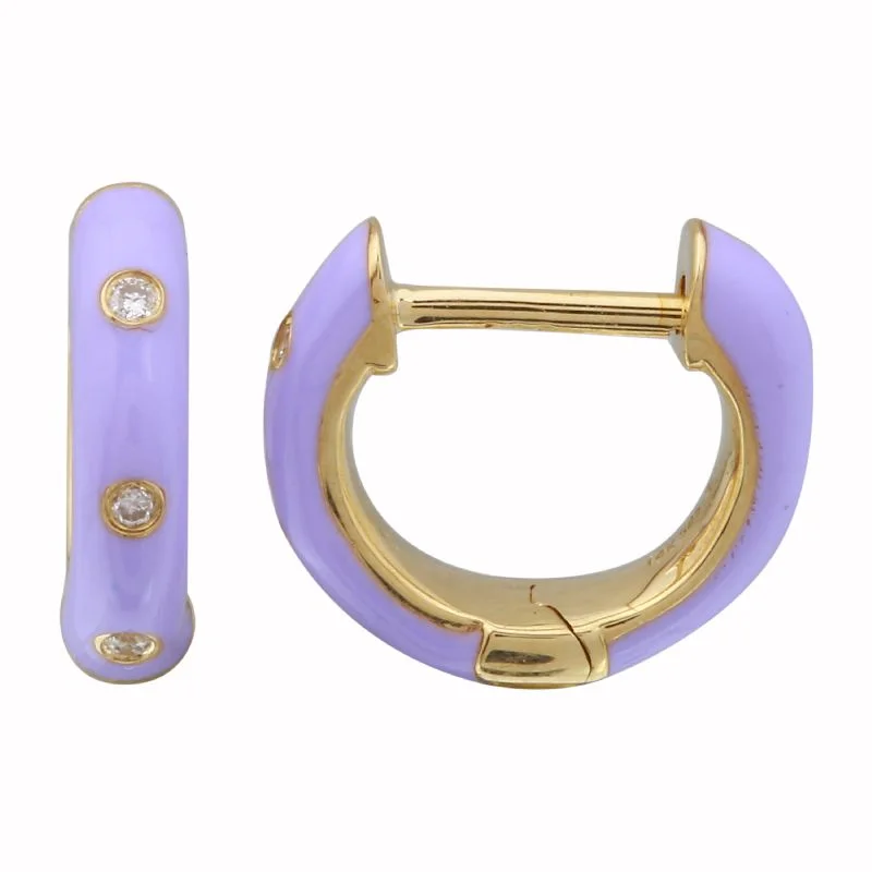 Silver Drop Earrings For Casual Look-14k Yellow Gold Lavender Enamel & Diamond Huggie Earrings