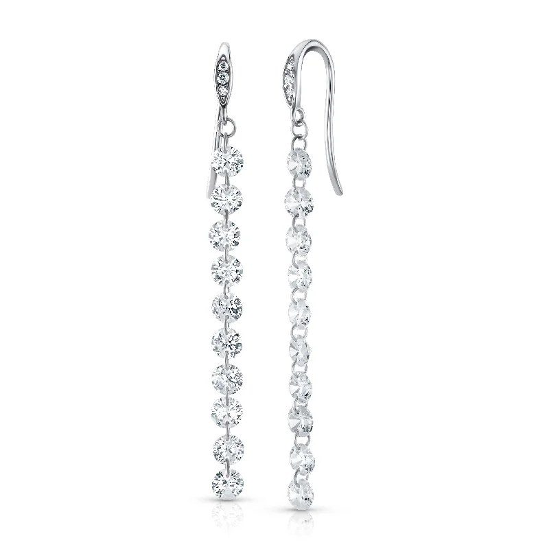 Sleek Gold Earrings For Classy Looks-LONG FLOATING CZ EARRINGS, SILVER