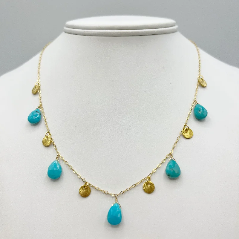 Unique Leaf Pendant Necklaces For Nature Lovers-Turquoise Drops and Golden Discs