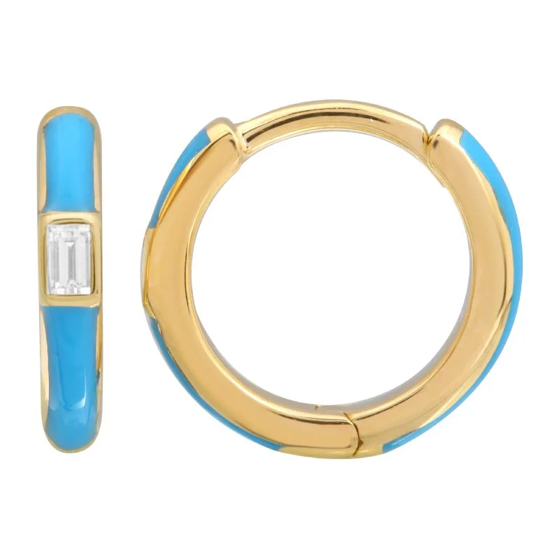 Unique Resin Drop Earrings For Bold Fashion-14k Yellow Gold Classic Turquoise Enamel & Diamond Huggie Earrings