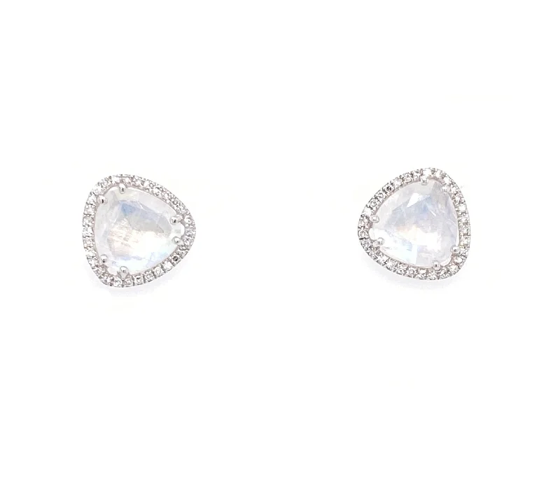 Luxury Diamond Earrings For Weddings-14K White Gold Round Diamond + Rainbow Moonstone Earrings