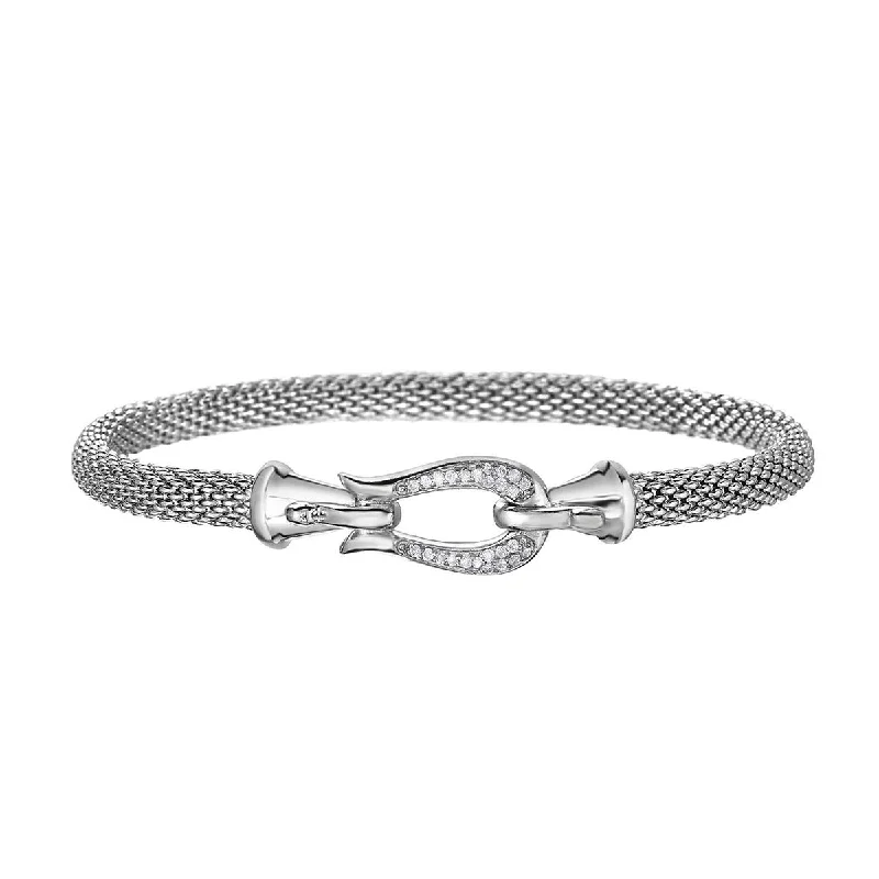 Bangles For Anniversary Gifts-STERLING SILVER BANGLE BRACELET WITH HORSESHOE CLASP AND DIAMONDS, .13 CT TW