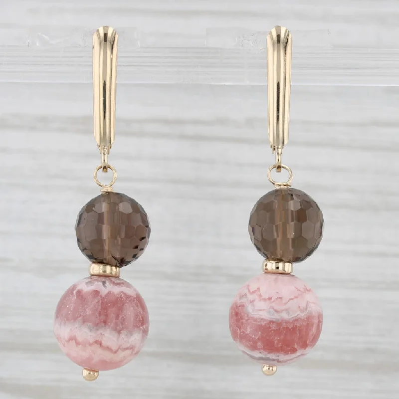 Luxury Drop Earrings For Wedding Day-Smoky Quartz Rhodochrosite Bead Dangle Earrings 14k Yellow Gold