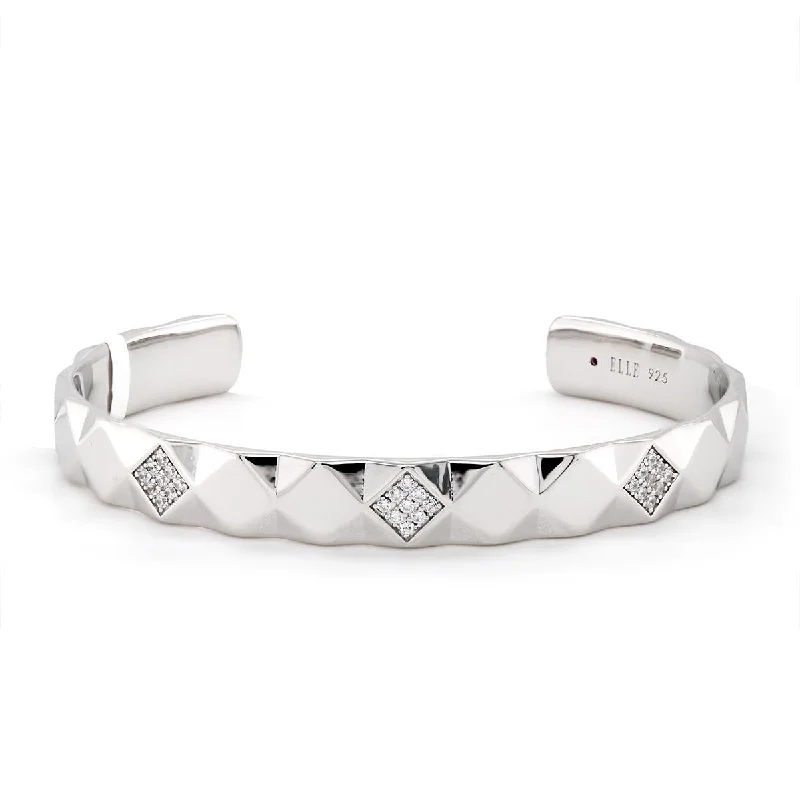 Bangles With Embellishments-STERLING SILVER CUFF BANGLE BRACELET WITH GEOMETRIC TEXTURING AND CZS