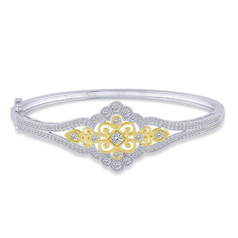 Bangles For Modern Styles-TWO-TONE GOLD DIAMOND BANGLE BRACELET WITH INTRICATE DETAILING, 1 1/2 CT TW