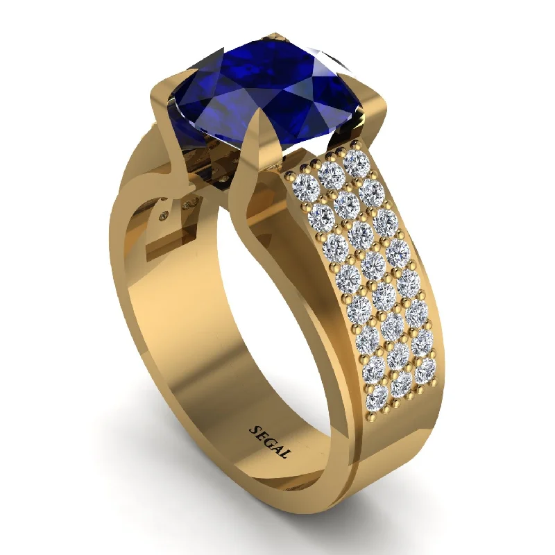 Unique Sterling Silver Rings For Special Occasions-Round Cut Sapphire 14K Gold Pave Engagement Ring - Saylor No. 13