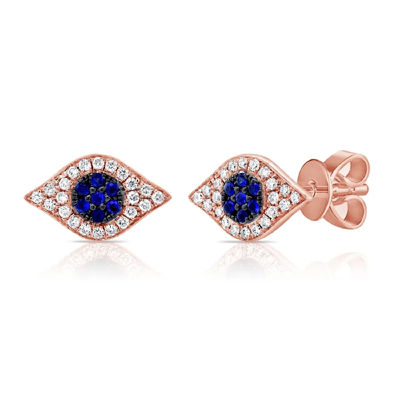 Silver Dangle Earrings For Evening Wear-14K Rose Gold Diamond + Blue Sapphire Evil Eye Earrings