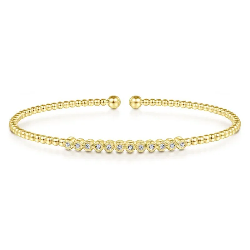 Bracelets For Cultural Celebrations-Gabriel & Co. - BG4118-62Y45JJ - 14K Yellow Gold Bujukan Bead Cuff Bracelet with Bezel Set Diamond Stations