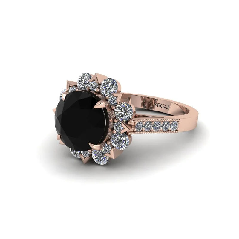 Simple Diamond Rings For Classic Fashion-Black Diamond Halo Sunburst Engagement Ring - Winter No. 8