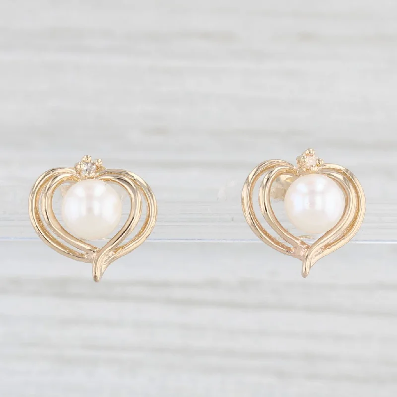 Trendy Resin Earrings For Bold Look-Cultured Pearl Diamond Heart Stud Earrings 14k Yellow Gold