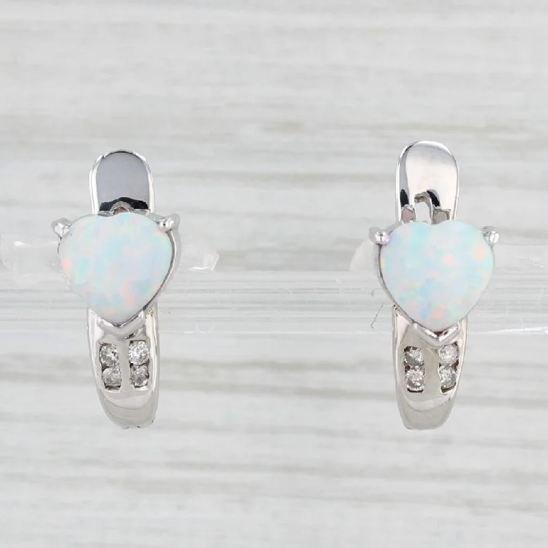 Silver Earrings With Turquoise Stones-Lab Created Opal Heart Diamond Drop Earrings 14k White Gold