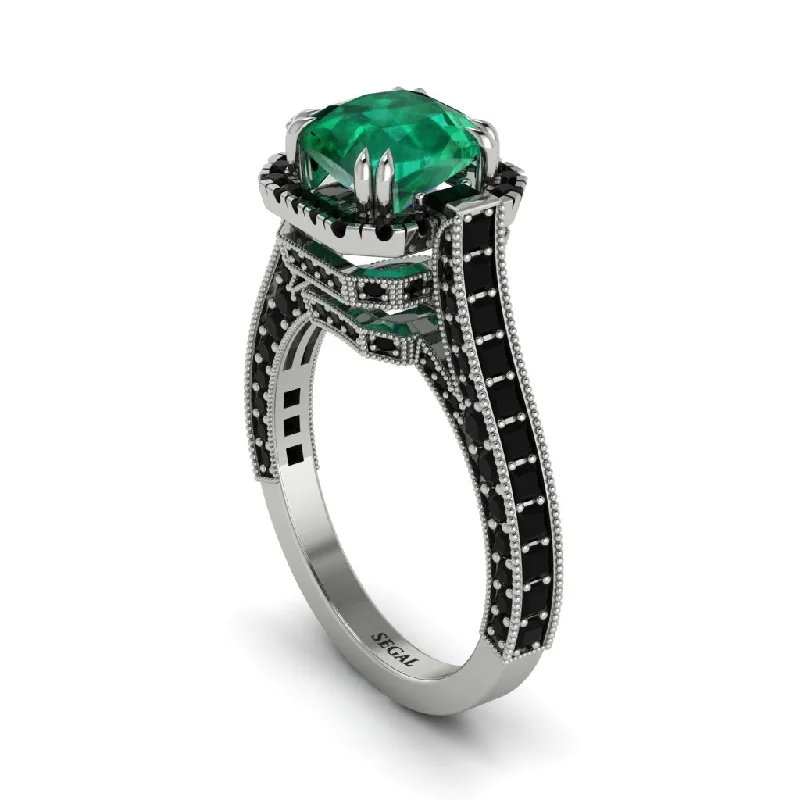 Personalized Couple Rings For Unique Style-Emerald Three Halo Milgrain Engagement Ring - Mira No. 36