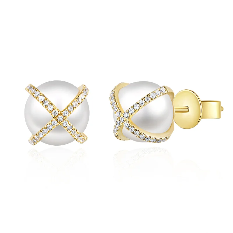 Sleek Drop Earrings For Office Looks-14K Yellow Gold Diamond X + Pearl Earrings