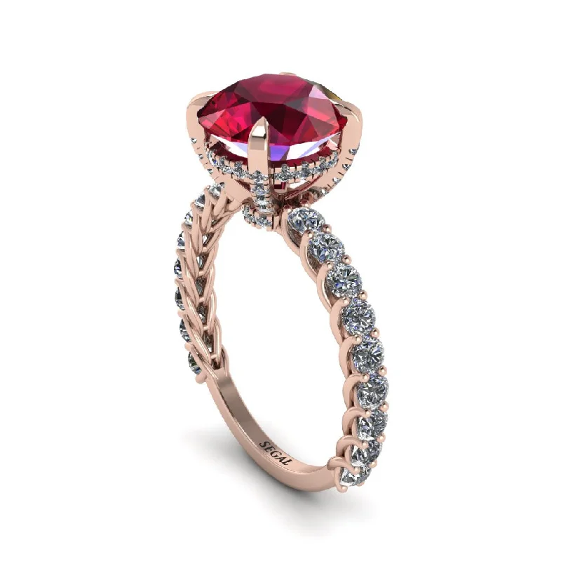 Unique Stackable Engagement Rings For Brides-Ruby Twisted Band Halo Engagement Ring - Avianna No. 11