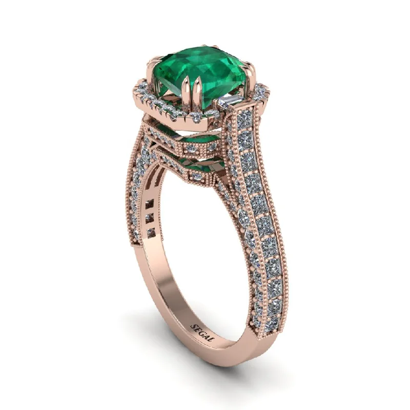 Elegant Ruby Rings For Engagement-Emerald Three Halo Milgrain Engagement Ring - Mira No. 5