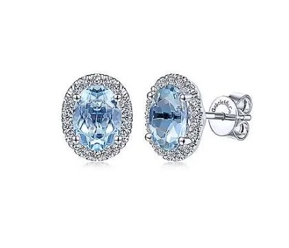 Floral Earrings For Spring Fashion-14K White Gold Diamond Halo + Oval Aquamarine Earrings