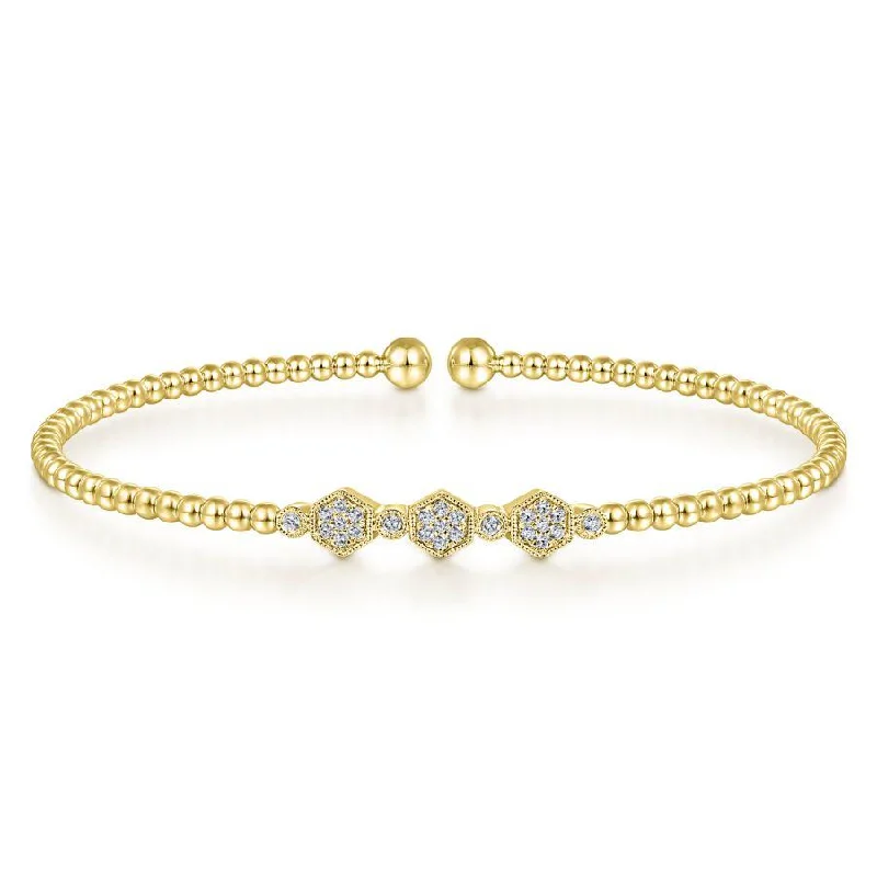 Bracelets With Charm Elements-Gabriel & Co. - BG4117-62Y45JJ - 14K Yellow Gold Bujukan Bead Cuff Bracelet with Cluster Diamond Hexagon Stations