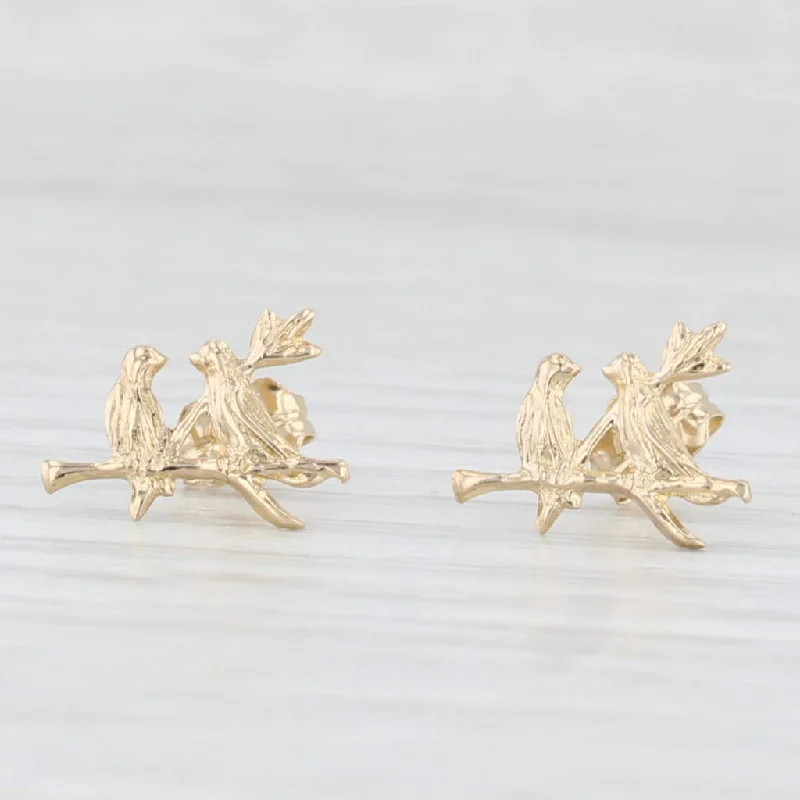 Elegant Silver Earrings For Special Occasions-Birds Perched On Branch Stud Earrings 14k Yellow Gold