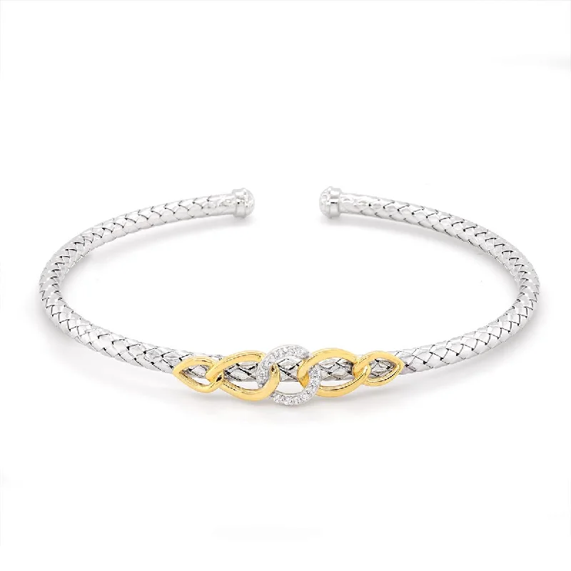 Bangles With Textured Finish-STERLING SILVER OPEN BANGLE BRACELET WITH GOLD PLATED RINGS