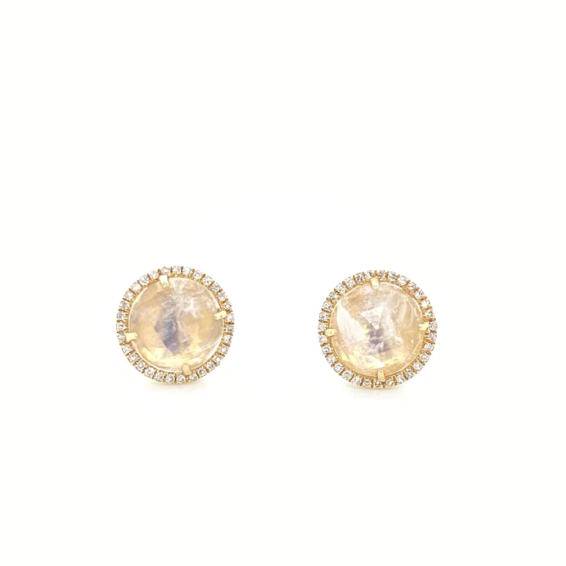 Personalized Engraved Earrings For Gifts-14K Yellow Gold Round Diamond + Round Moonstone Earrings