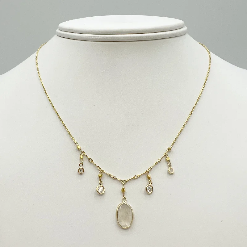 Silver Heart Necklaces For Romantic Gifts-Moonstones and Diamonds Suspended on a Golden Chain