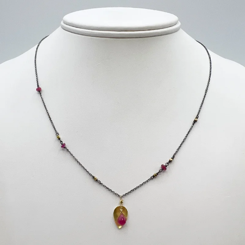 Modern Pearl Necklaces For Wedding Jewelry-Ruby and Gold Beads and Accents on Sterling Silver Patina Chain