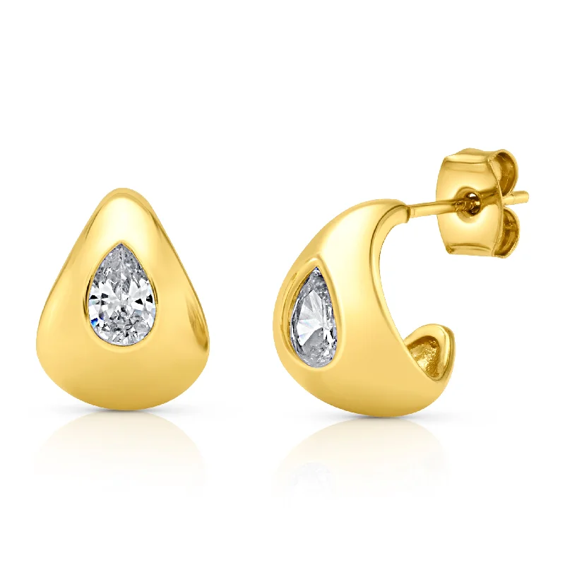 Large Pearl Earrings For Evening Look-BOLD PEAR CZ HUGGIE EARRINGS, GOLD