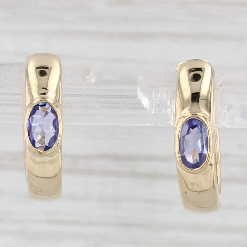 Modern Geometric Earrings-1ctw Tanzanite Hoop Huggie Earrings 14k Yellow Gold Hinged Snap Top