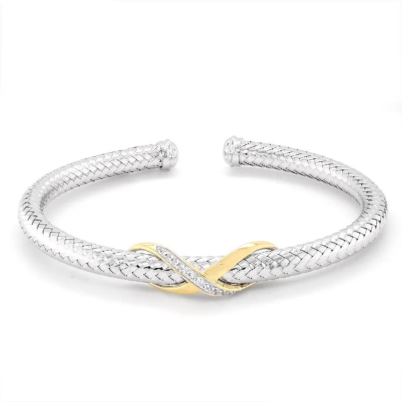 Bangles With Sleek Design-STERLING SILVER OPEN BANGLE BRACELET WITH GOLD CRISS CROSS AND CUBIC ZIRCONIAS