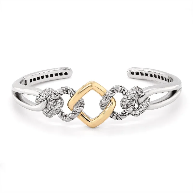 Bangles For Evening Wear-SILVER AND GOLD CHAIN LINK HINGED BANGLE BRACELET WITH DIAMONDS, .52 CT TW