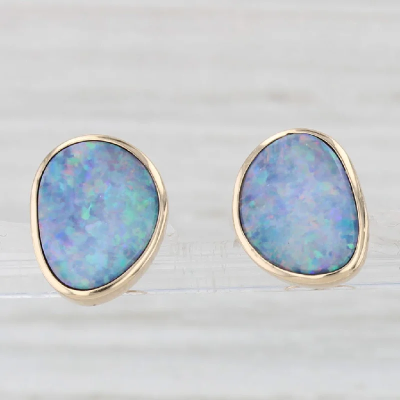 Classic Stud Earrings For Timeless Style-Blue Freeform Opal Doublet Stud Earrings 14k Yellow Gold