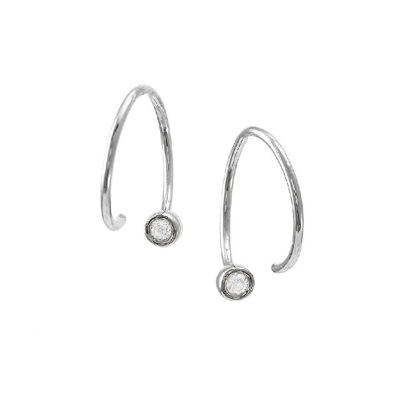 Silver Earrings For Casual Looks-14K White Gold Diamond Bezel Threader Hoop Earrings