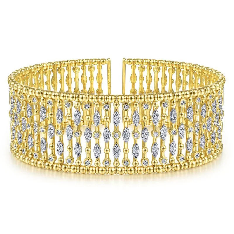 Bracelets With Ruby Stones-Gabriel & Co. - BG4295-62Y45JJ - Wide 14K Yellow Gold Cage Cuff Bracelet with Diamond Stations