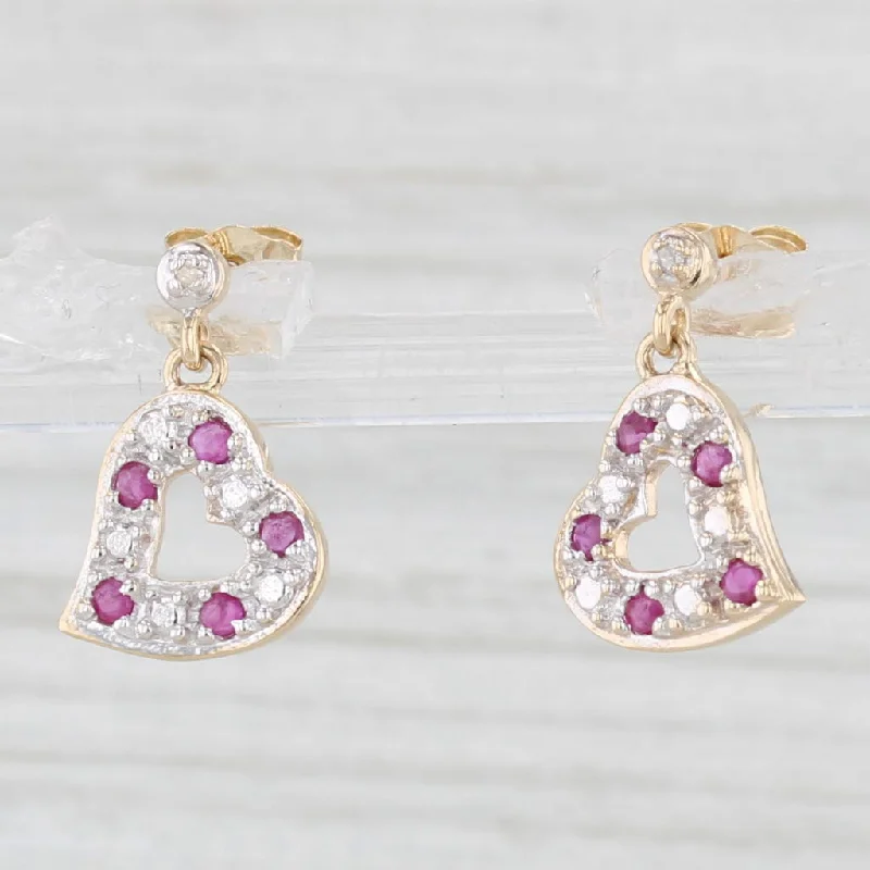 Unique Earrings For Bridal Jewelry-0.20ctw Ruby Diamond Heart Dangle Earrings 10k Yellow Gold