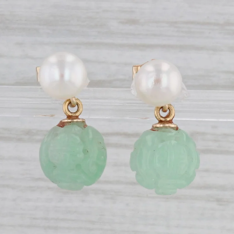 Modern Resin Earrings For Bold Statements-Cultured Pearl Green Glass Carved Flower Bead Earrings 14k Yellow Gold