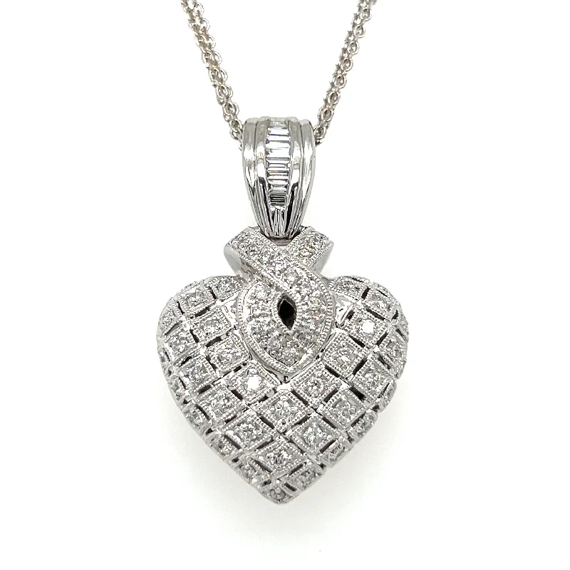 Bold Silver Pendant Necklaces For Trendy Looks-Pre-Owned Platinum & 18k White Gold Diamond Heart Puff Necklace