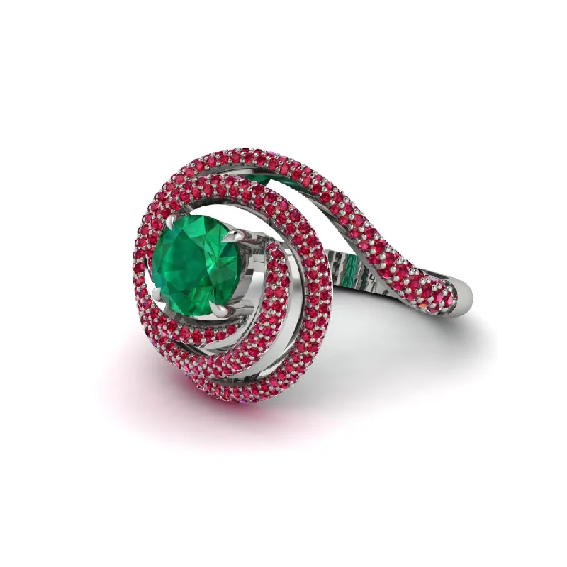 Sparkling Wedding Bands For Brides-Emerald Double Halo Swirling Engagement Ring - Serena No. 51