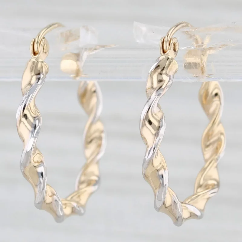 Trendy Gold Earrings For Glamorous Looks-New 2-Toned Twist Hoop Earrings 14k Yellow White Gold Snap Top Round Hoops