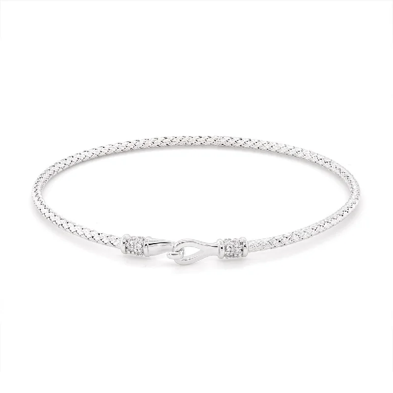 Bangles With Polished Finish-STERLING SILVER BANGLE BRACELET WITH CLASP AND CUBIC ZIRCONIAS