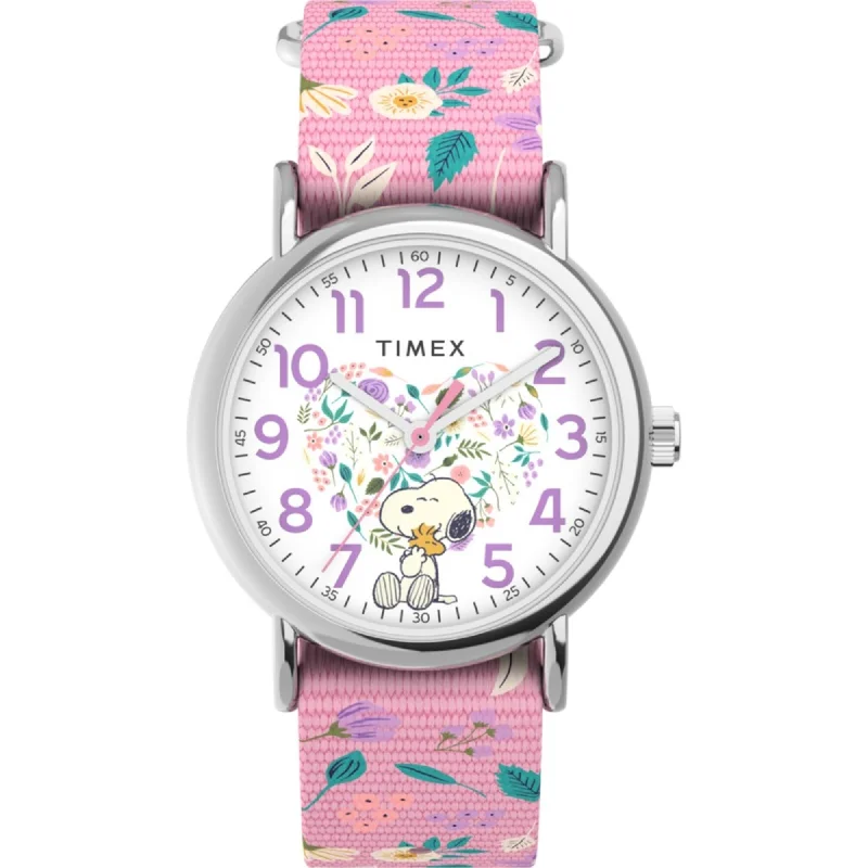 Watches With Dark Hues-Timex Women's Watch - Weekender X Peanuts In Bloom Pink Fabric Strap | TW2V77800GP