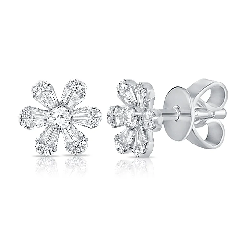 Sterling Silver Earrings For Sensitive Ears-14K White Gold Diamond Flower Stud Earrings