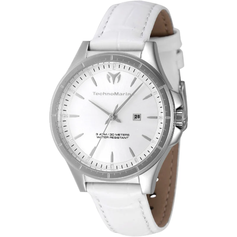 Watches For Bridal Gifts-Technomarine Women's Watch - MoonSun Quartz Silver Tone Dial White Strap | TM-822039