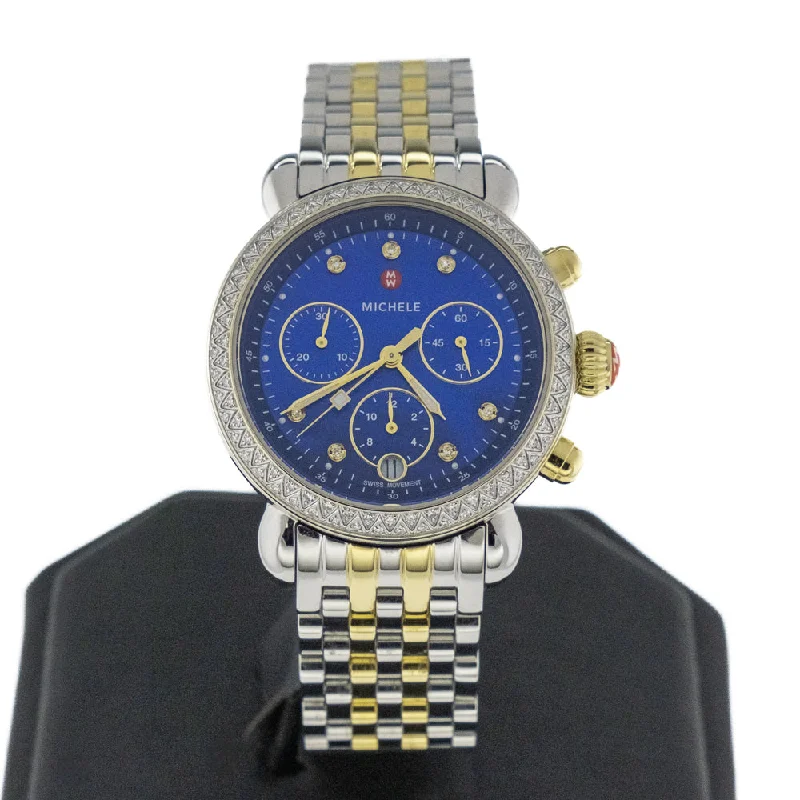 Watches With Flower Shapes-Michele CSX Chronograph Quartz Diamond Blue Mother of Pearl Dial Ladies Watch