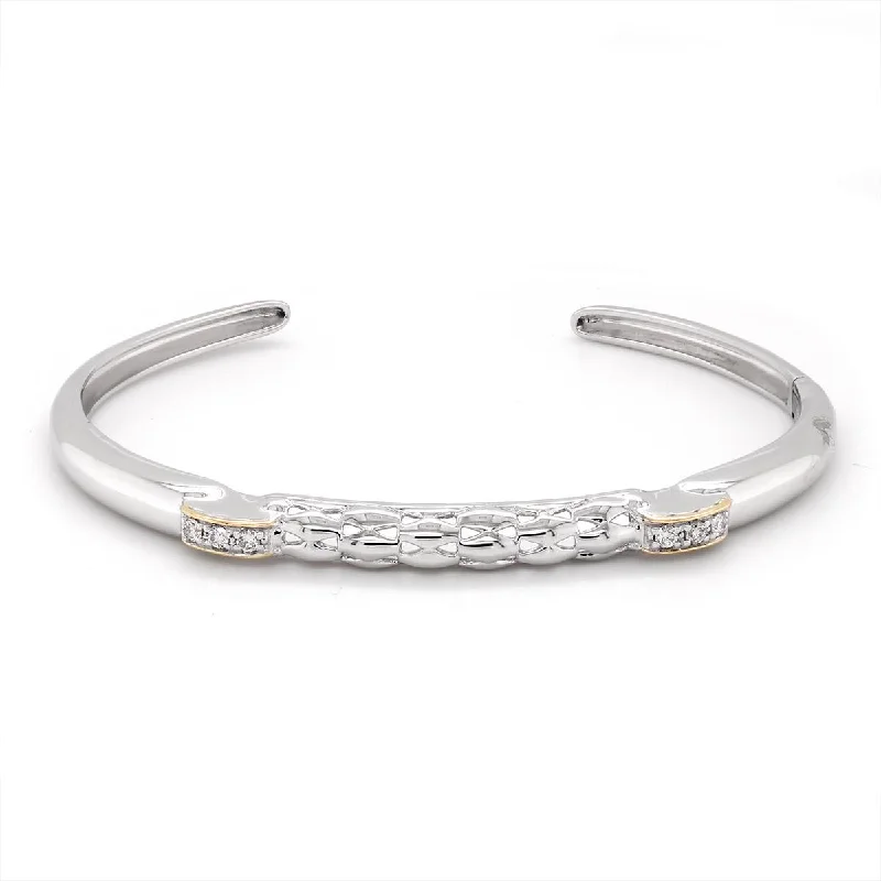 Bangles For Casual Wear-SILVER AND GOLD HINGED BANGLE WITH TEXTURED FINISH AND DIAMONDS, 1/5 CT TW